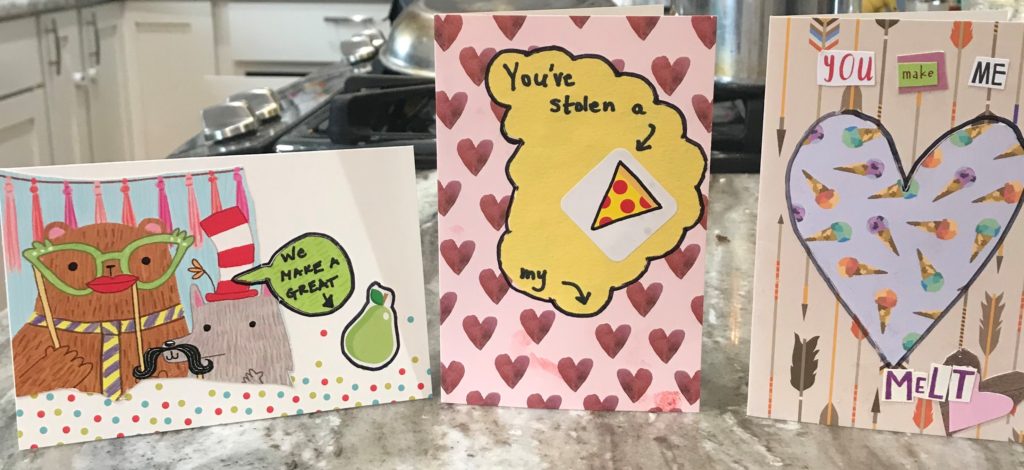 The finished cards to send to friends for Valentine's Day, as an alternative to posting your love on social media.